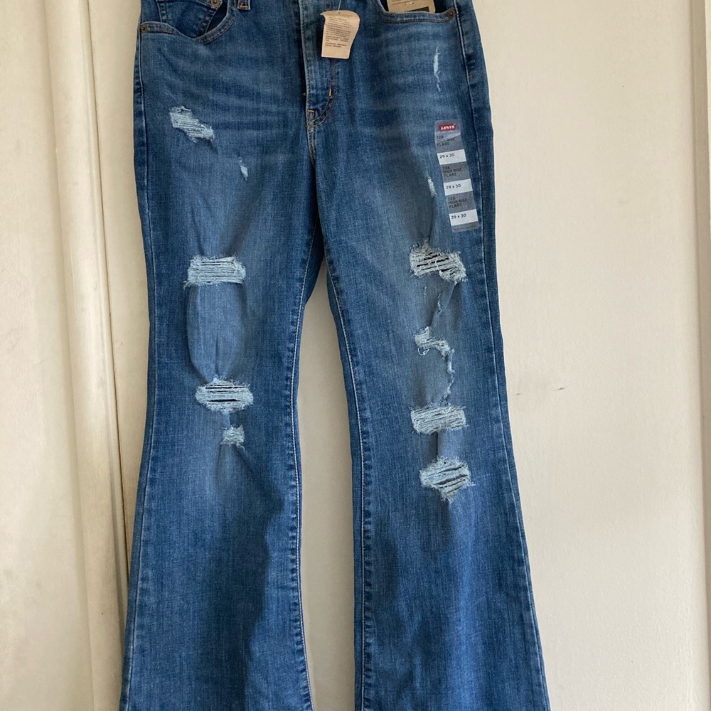 Levi's Blue Flare Wide Leg Jeans with Distressed Details - Picture 4 of 5